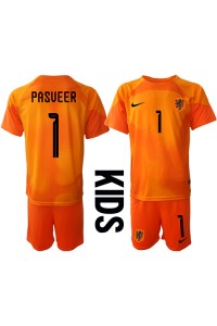 Fotbalové Dres Holandsko Remko Pasveer #1 Brankářské Dětské Venkovní Oblečení MS 2022 Krátký Rukáv (+ trenýrky)